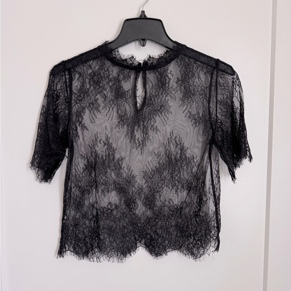 Lace High Collar Short Sleeve Top | Black